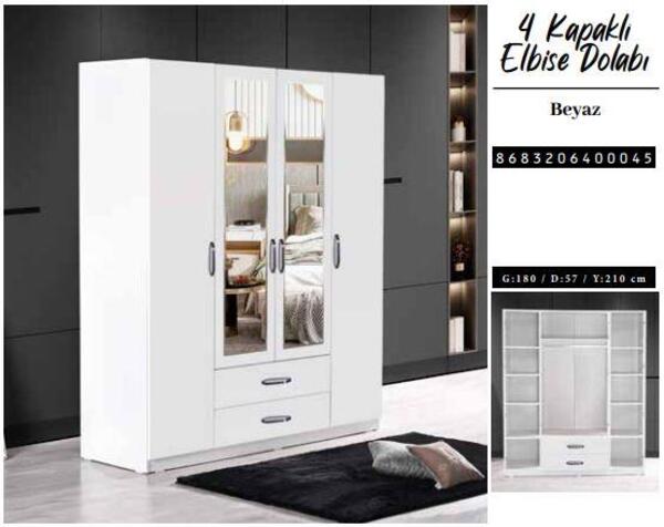 Chancolye Elbise Dolabı 4 Kapaklı Beyaz
