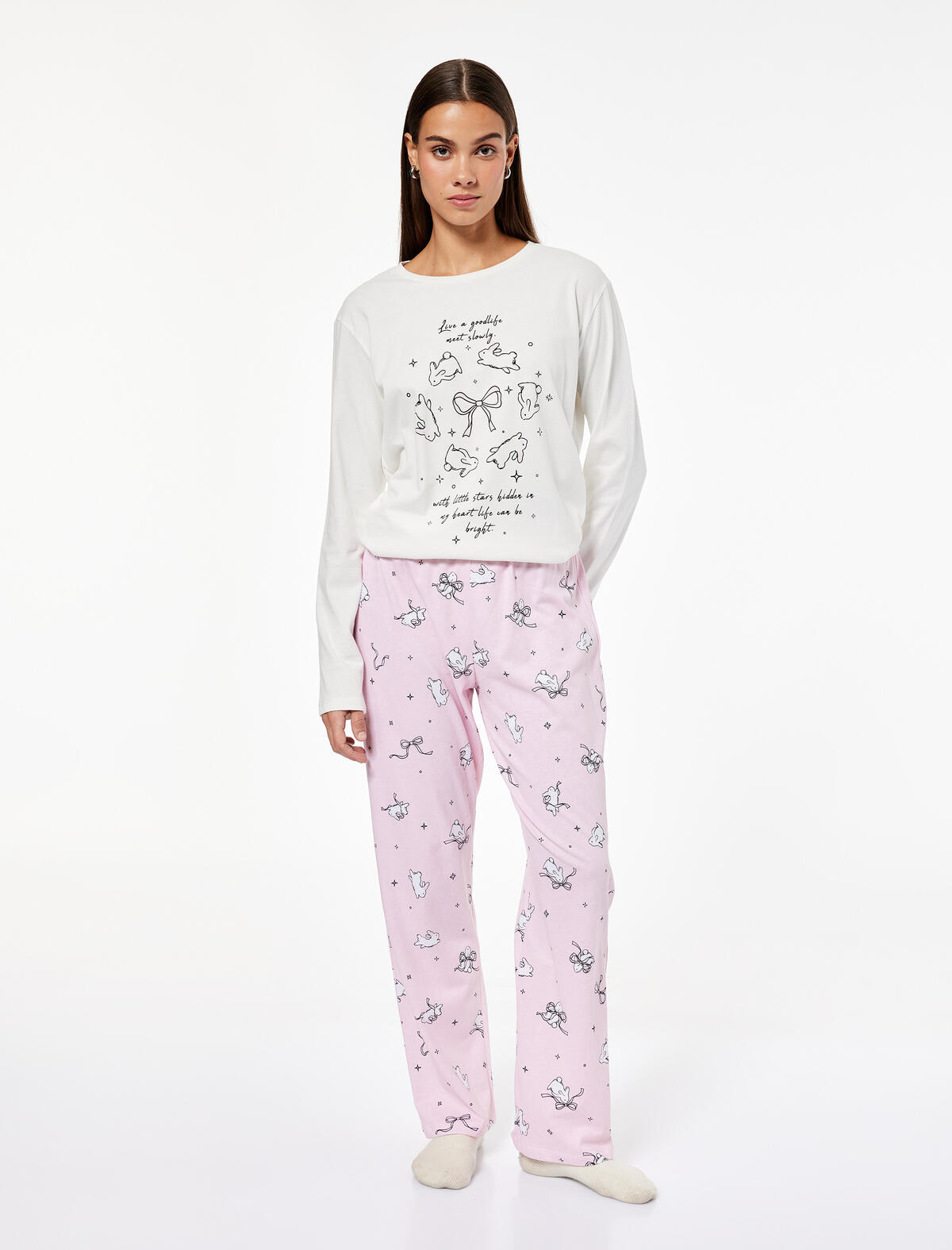 Koton Pijama Takımı 6WLK40148MK Ekru Desenli Koton Pijama Takımı 6WLK40148MK Ekru Desenli