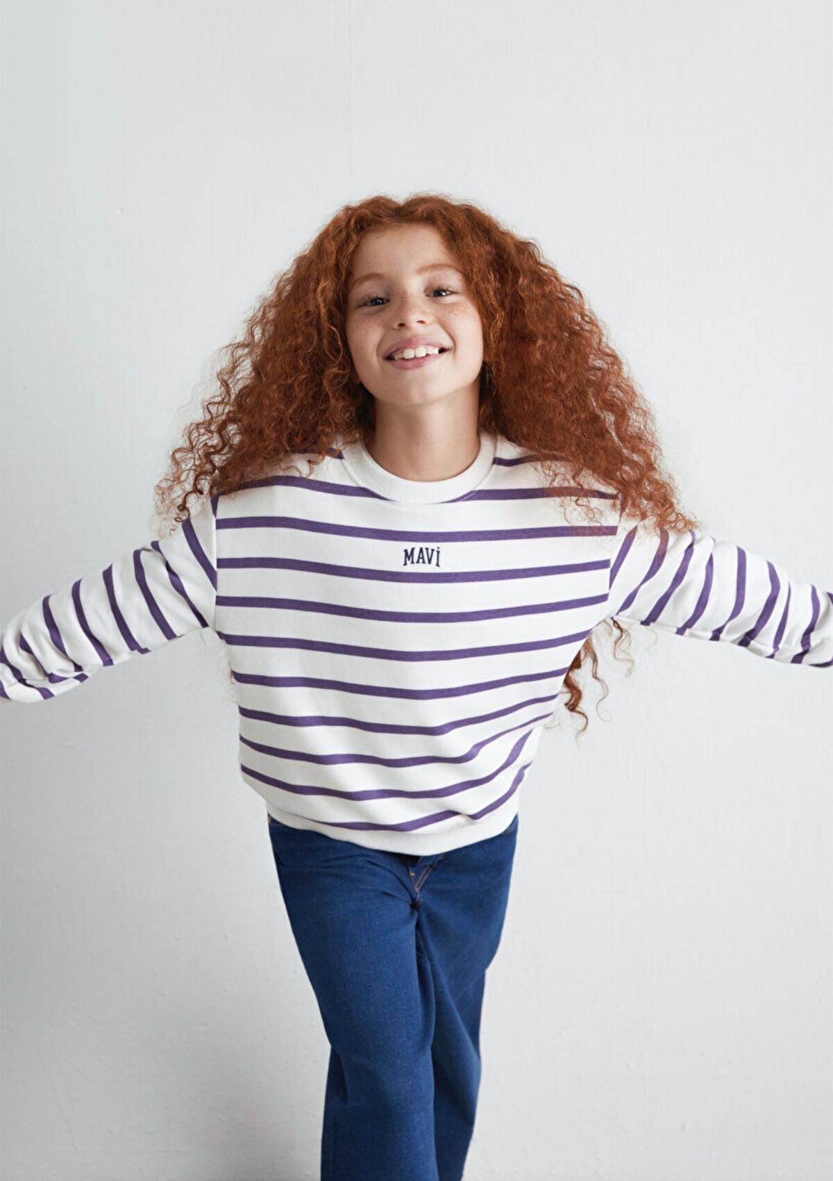 Mavi Sweatshirt Kız Çocuk M7S10038-88138 Mor Çizgili