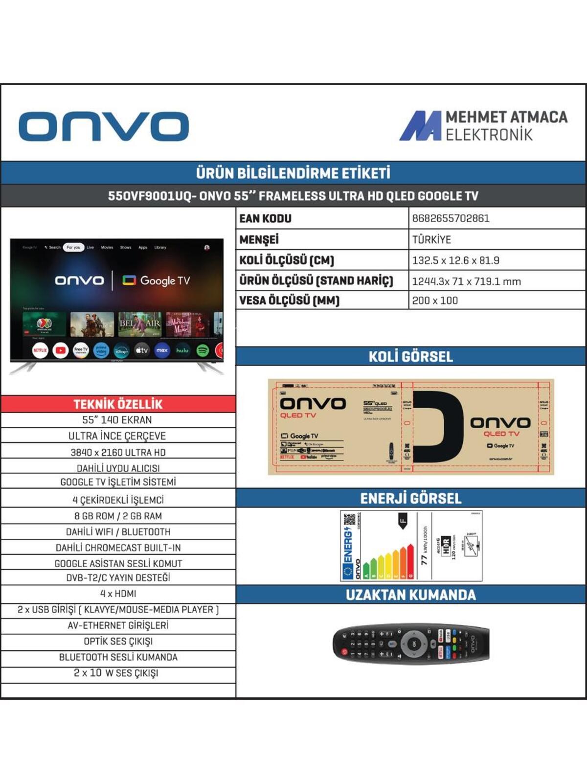 ONVO Qled Tv 55" 55OVF9001UQ Google Smart