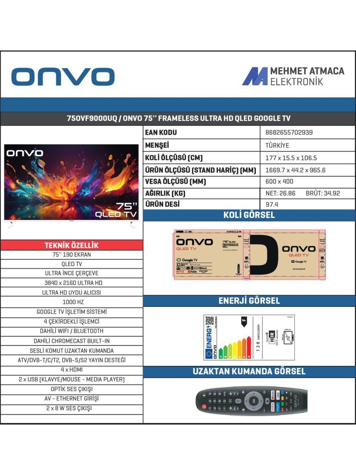 ONVO Qled Tv 75" 75OVF9000UQ 4K Uhd Google Smart