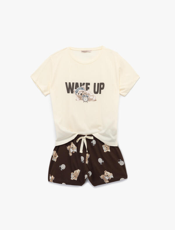 Koton Pijama Takımı 5SLK40067MK Kahverengi Desenli