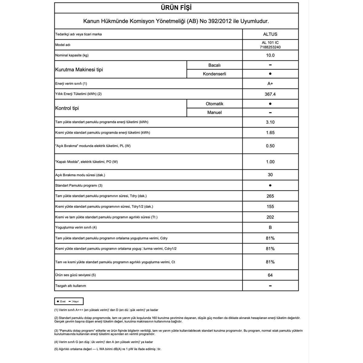 Altus Kurutma Makinesi AL 101 IC