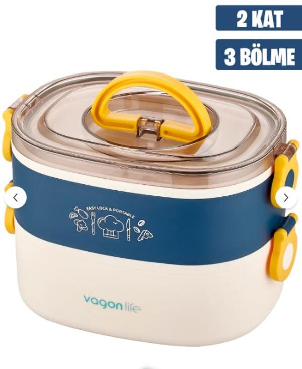Vagonlife 1200 Ml 3 Bölmeli Paslanmaz Çelik Lunchbox Bl50251-2 Mavi
