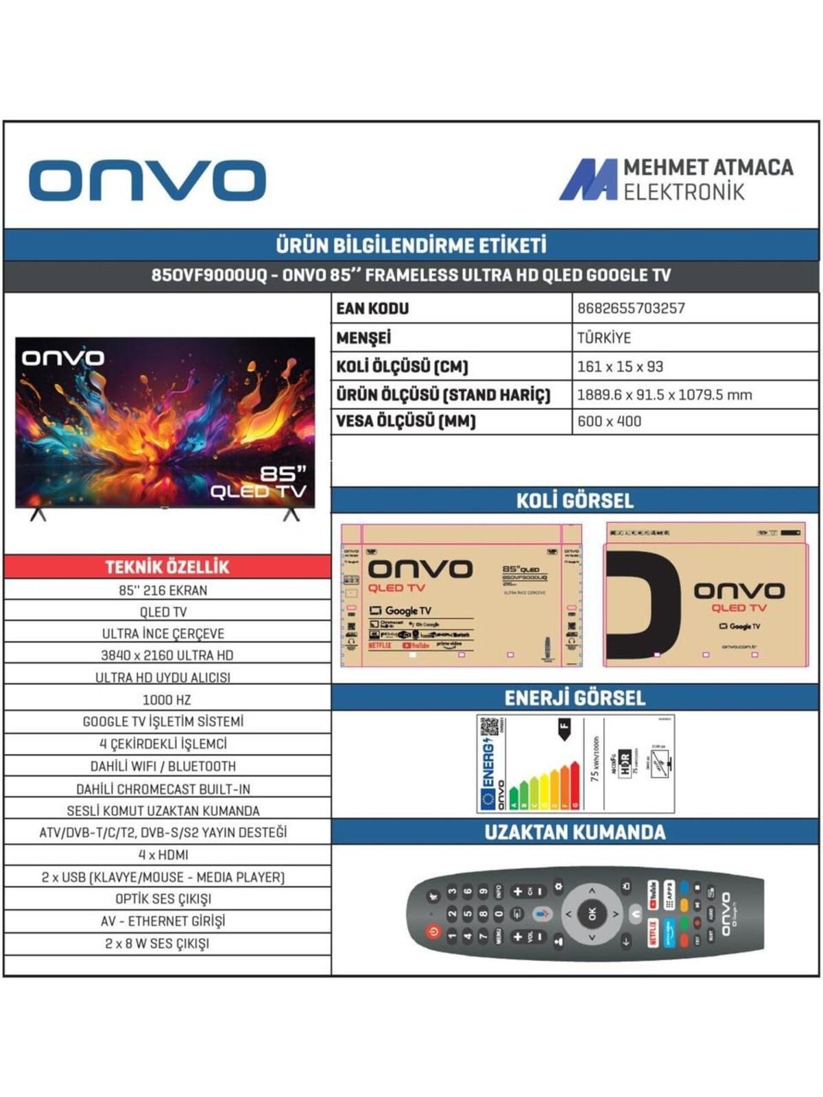 ONVO Qled Tv 85" 85OVF9000UQ Uhd Qled Google Tv
